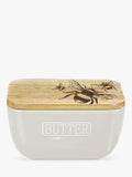 Selbrae House ceramic butter dish with oak wood lid and bee engraving, white (British brand)