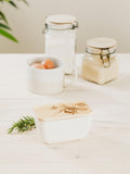 Selbrae House ceramic butter dish with oak wood lid and bee engraving, white (British brand)