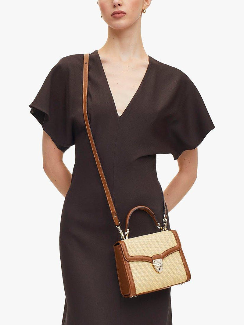 Aspinal Midi Mayfair Raffia cross body bag, natural tan, imported from the UK