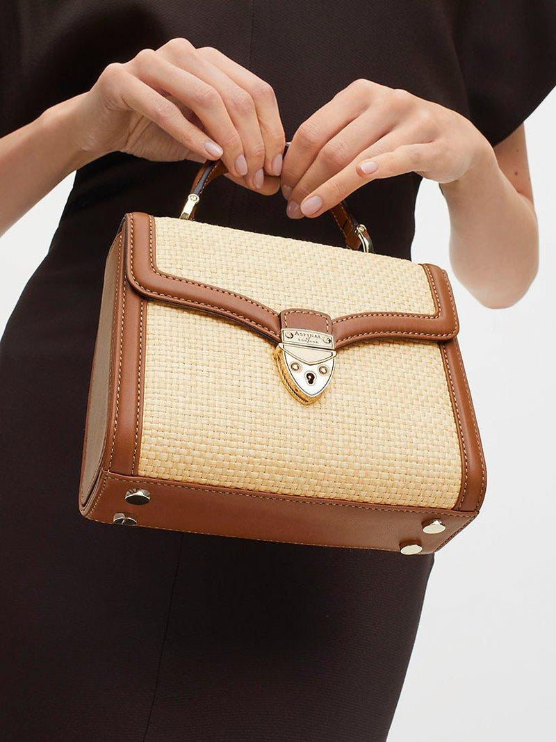 Aspinal Midi Mayfair Raffia cross body bag, natural tan, imported from the UK