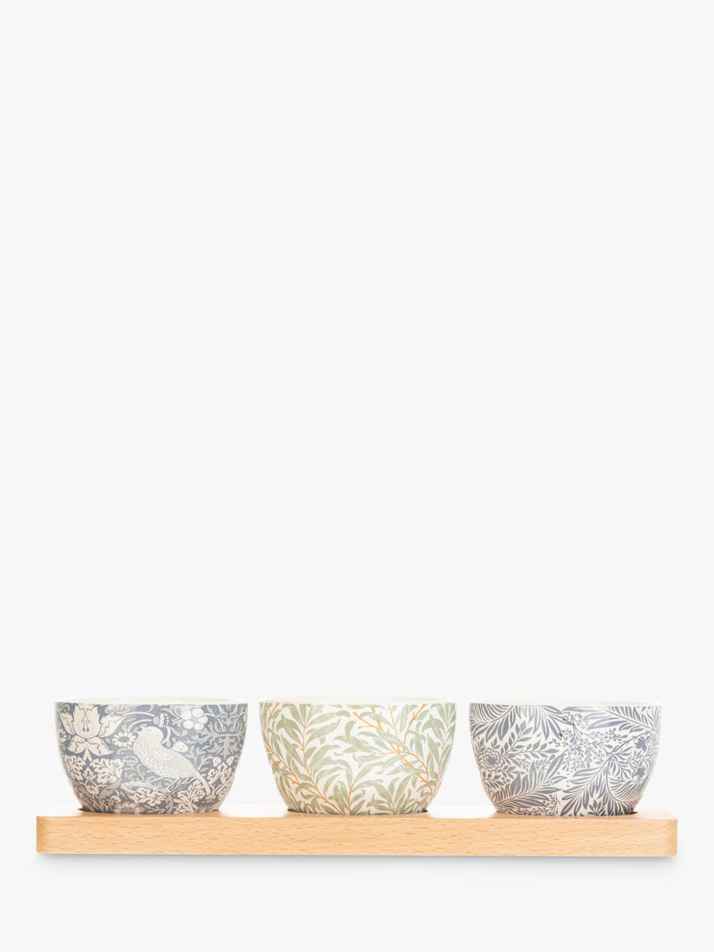 William Morris ceramic bowls set with mixed prints and beech tray (British brand)