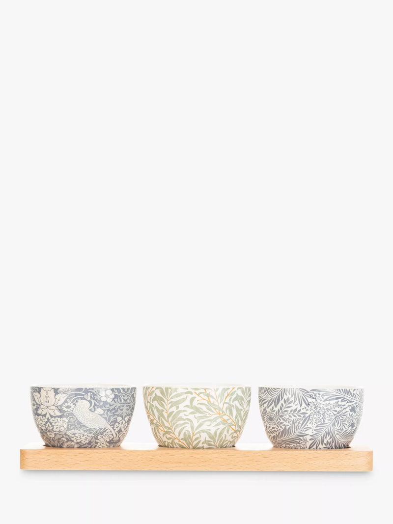 William Morris ceramic bowls set with mixed prints and beech tray (British brand)