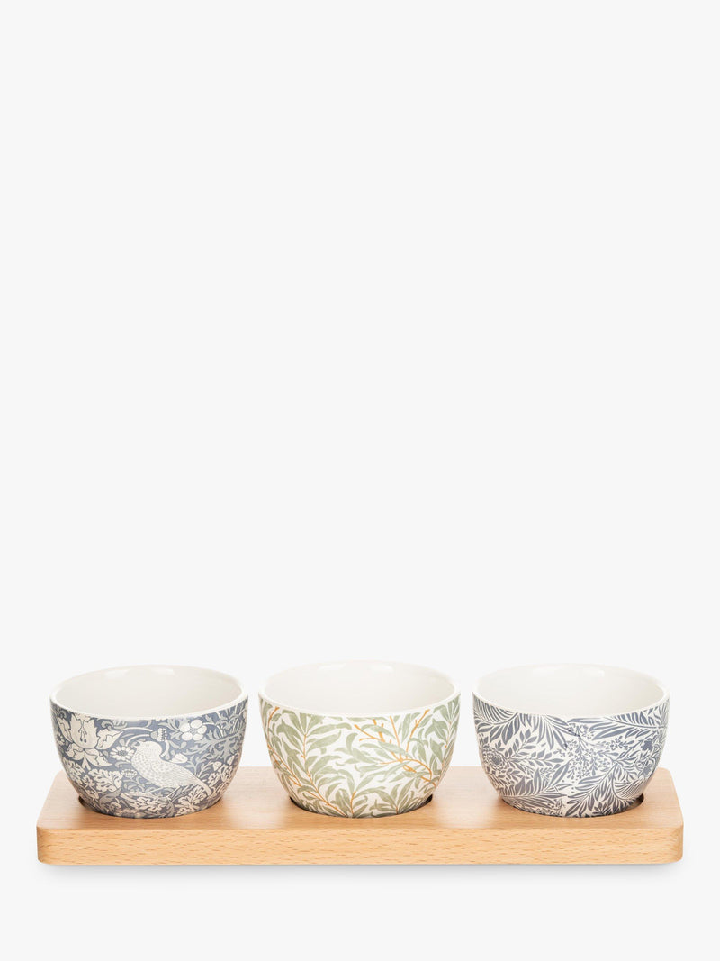 William Morris ceramic bowls set with mixed prints and beech tray (British brand)