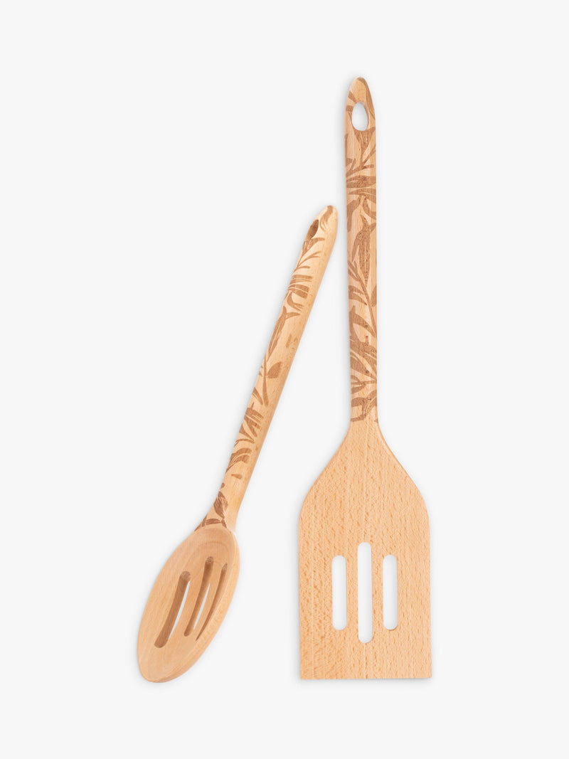 Beech wood kitchen utensils with William Morris design, set of two (British brand)