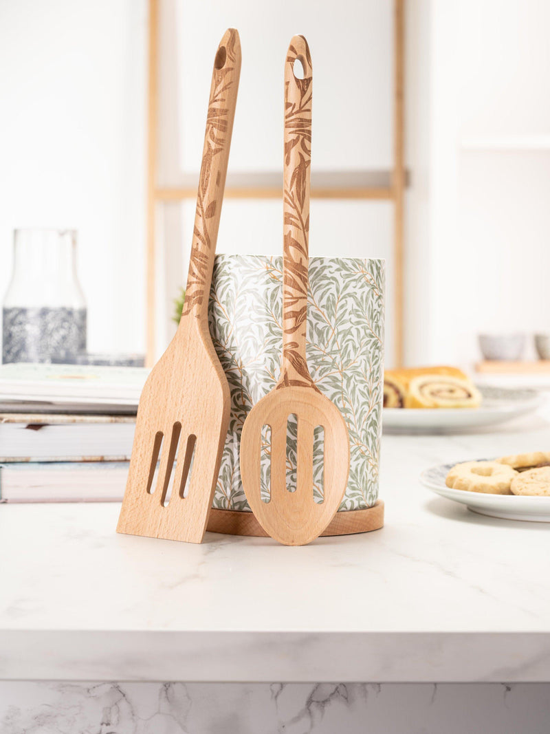 Beech wood kitchen utensils with William Morris design, set of two (British brand)