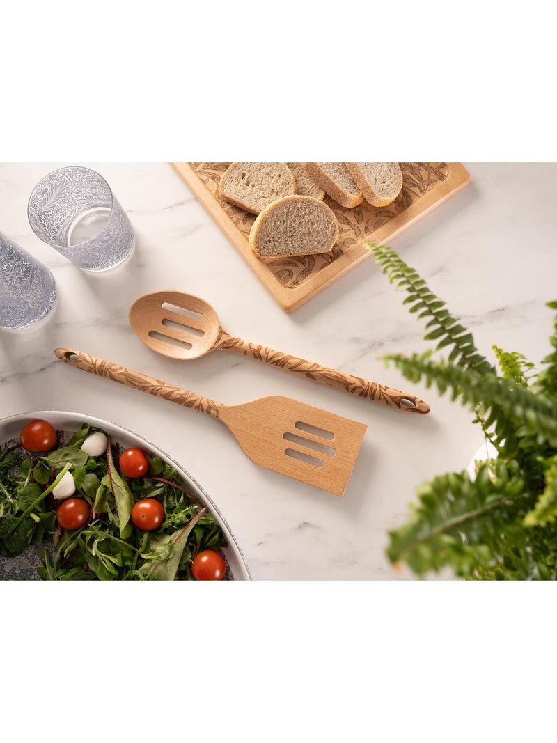 Beech wood kitchen utensils with William Morris design, set of two (British brand)
