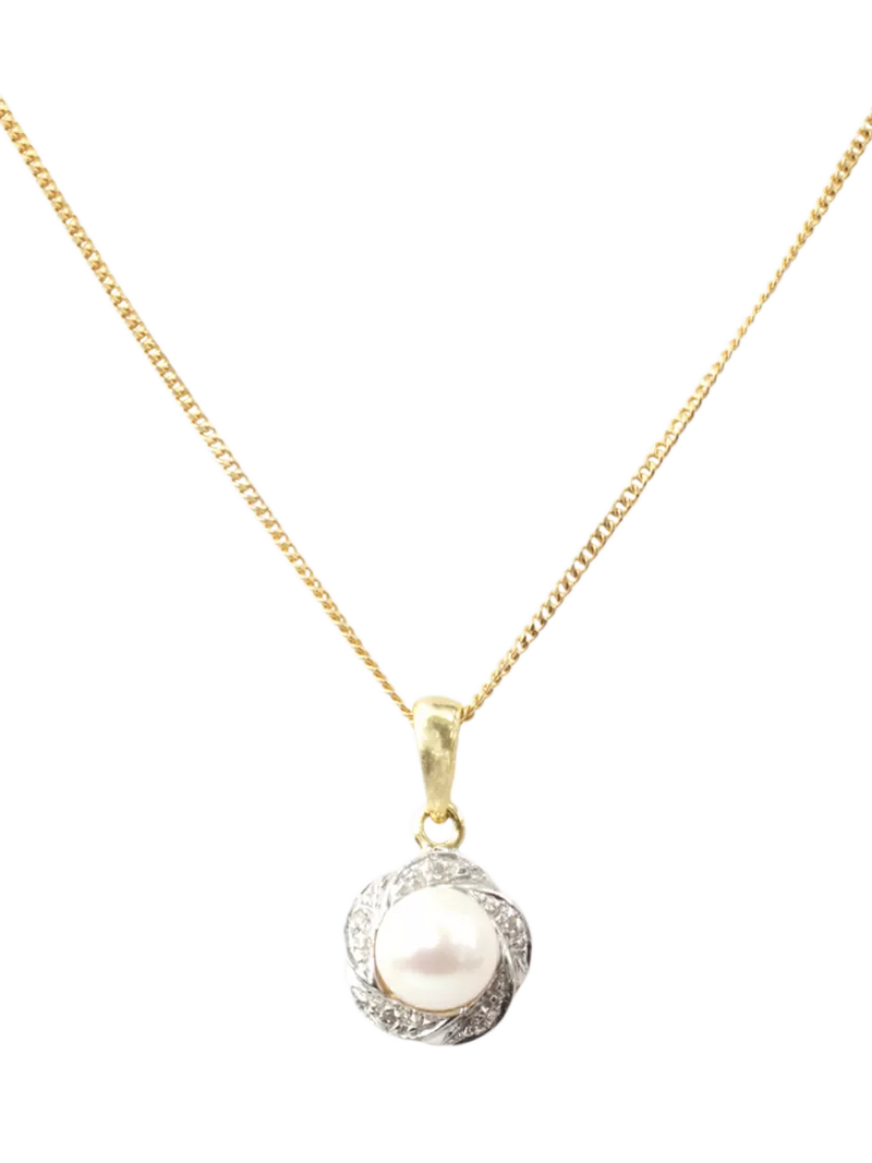 E.W Adams 9ct gold diamond pearl pendant necklace (British brand)
