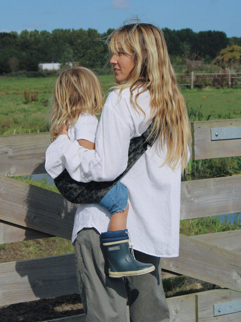 Wildride toddler hip carrier in grey leopard print, up to 20kg (British brand)