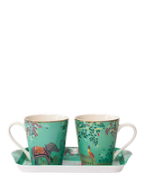 John Lewis Sara Miller India Elephant Oasis 22ct Gold Porcelain Mugs and Melamine Tray Set, Green, 180ml- Buy online at McGrocer