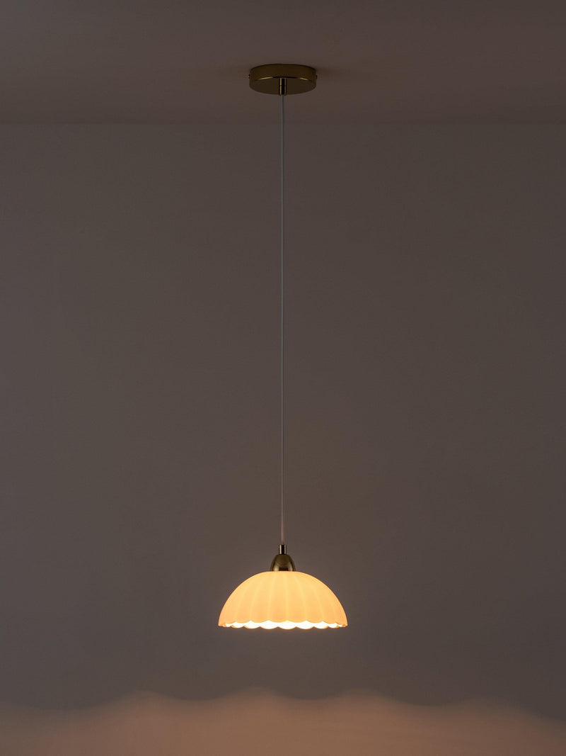 houseof white glass pendant light with brass finish, imported from the UK