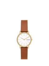 John Lewis Skagen Signatur Lille Women's Leather Strap Watch - Gold/Brown, 30mm- Buy online at McGrocer