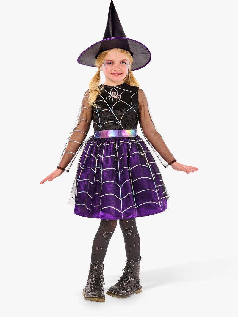 Cobweb Witch Halloween Costume with Purple Satin Dress and Hat for Children