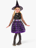 Cobweb Witch Halloween Costume with Purple Satin Dress and Hat for Children