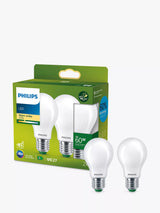 John Lewis Philips Ultra Efficient 60W A60 E27 LED Classic Bulb Warm White (Pack of 2)- Buy online at McGrocer