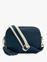 John Lewis Apatchy London Leather and Canvas Strap Crossbody Bag, Navy- Buy online at McGrocer
