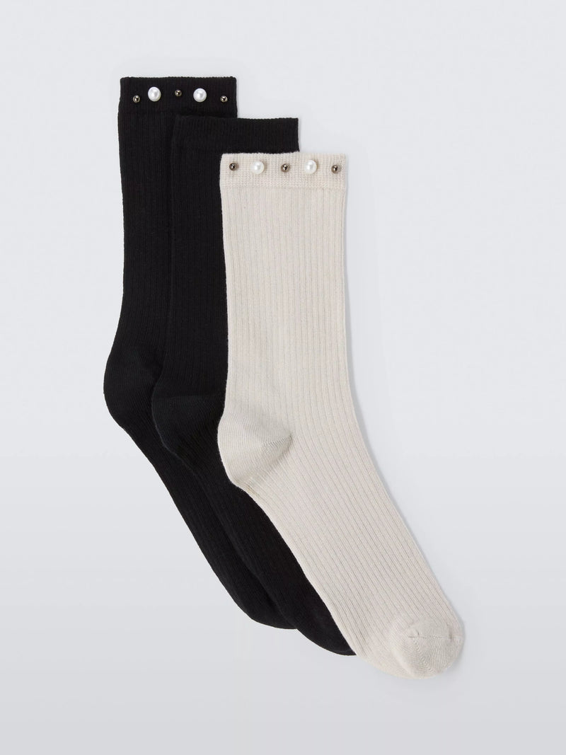 John Lewis faux pearl embellished ankle socks, pack of 3, black/multi, one size, UK version