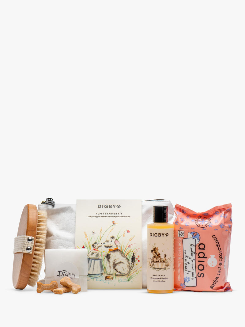 Bramley puppy starter kit with dog wash, brush, wipes, and treats - British product