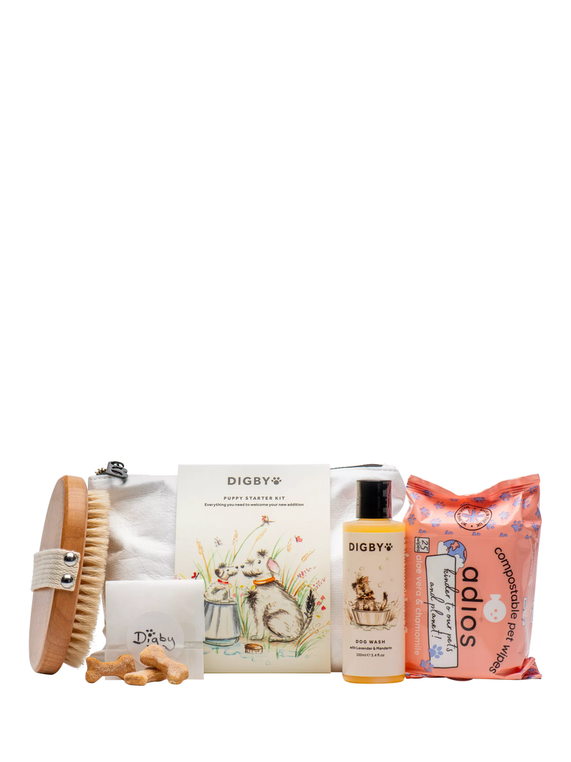 Bramley puppy starter kit with dog wash, brush, wipes, and treats - British product
