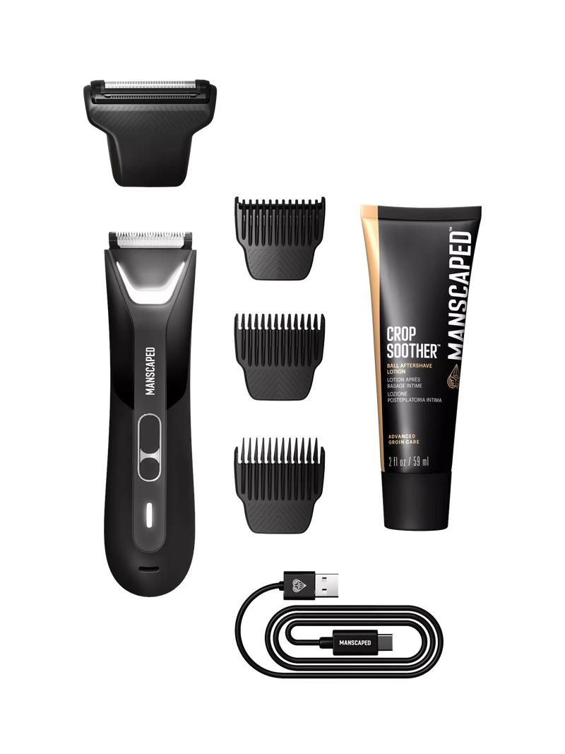 MANSCAPED electric body hair trimmer shaving set with aftershave lotion, black essentials kit (British brand)