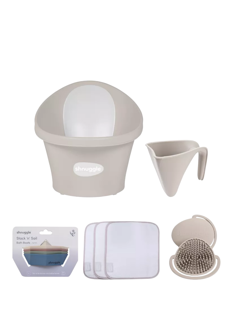 Shnuggle baby bath and care set including tub, jug, brush, washcloths, and toys (British brand)
