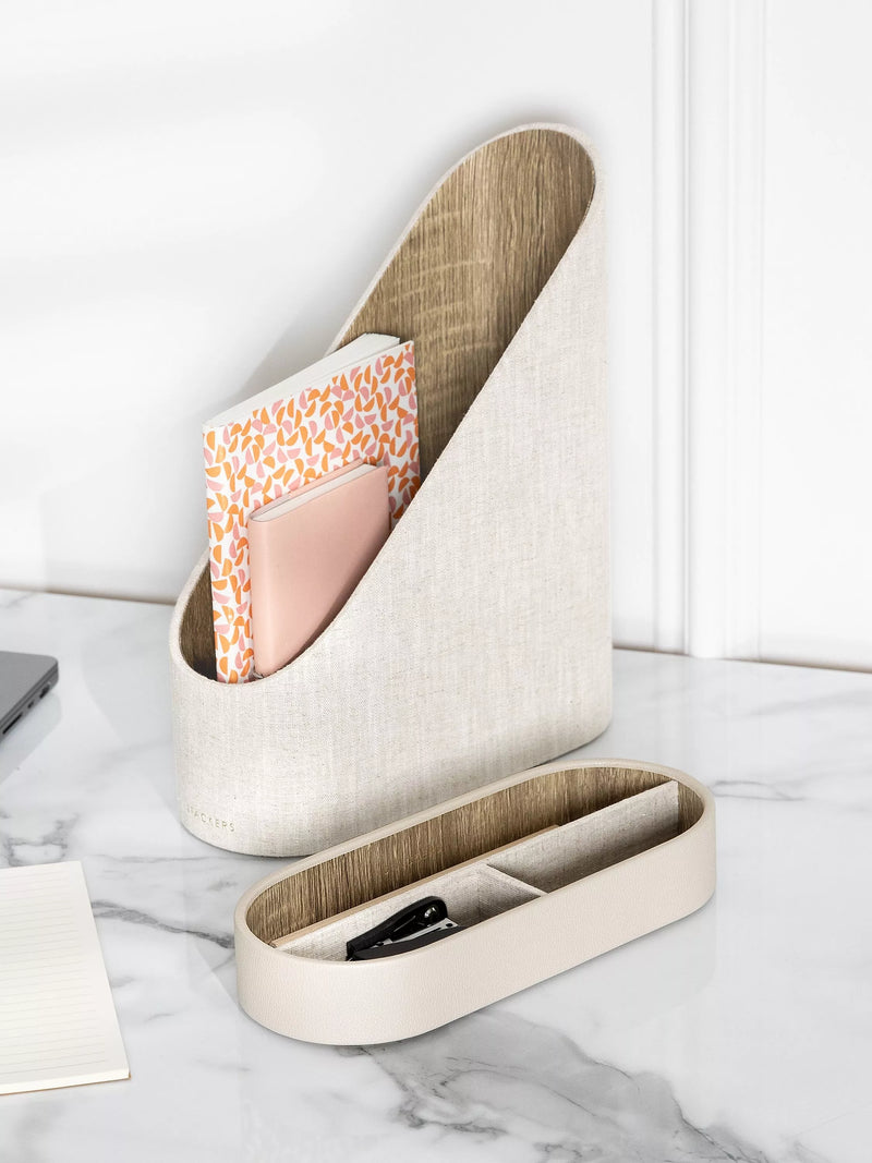 Neutral Oatmeal PU and Linen magazine file with hidden storage tray (British brand)