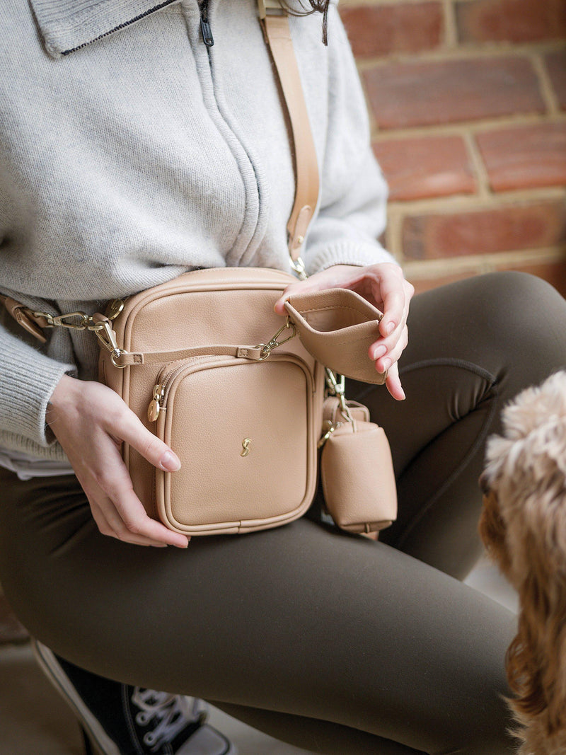 Stackers dog walking satchel Camel recycled PU, imported from the UK