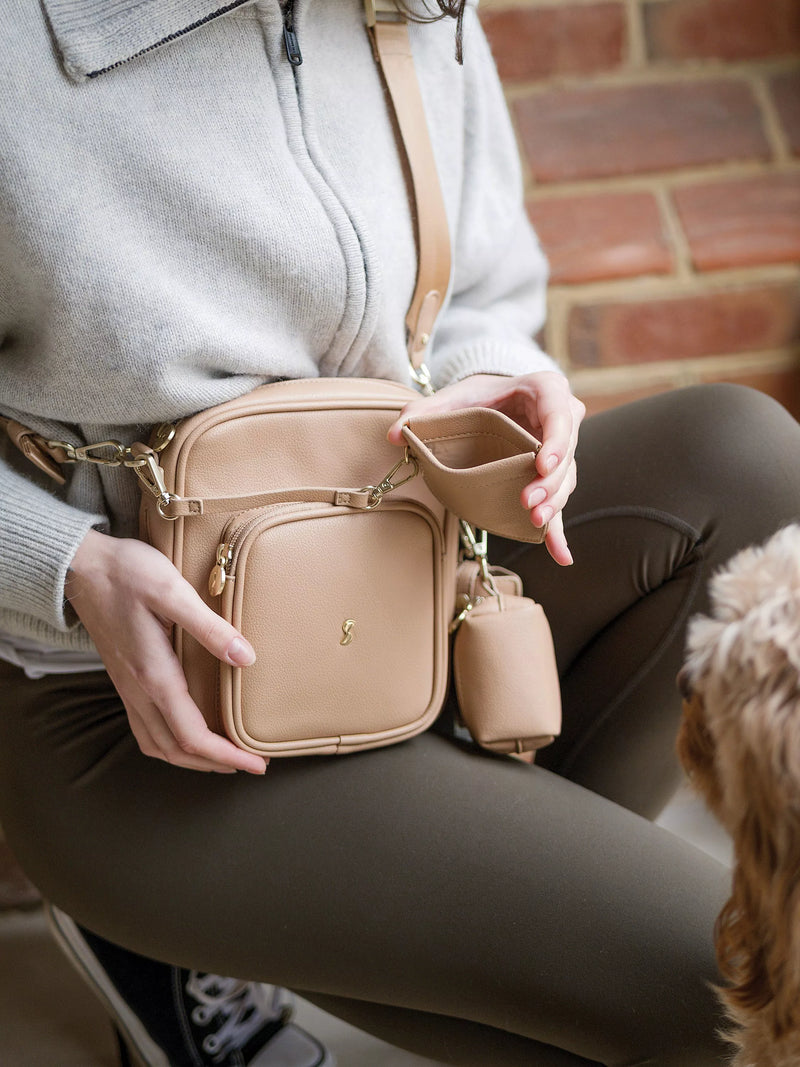 Stackers dog walking satchel Camel recycled PU, imported from the UK