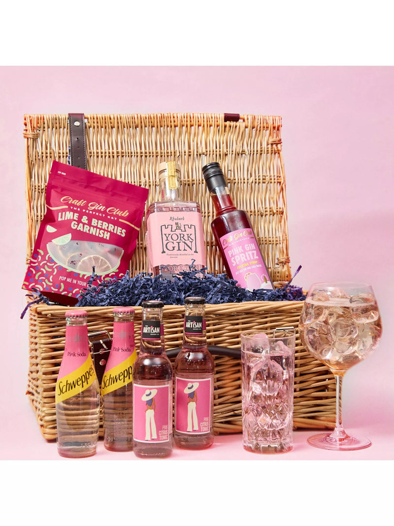 Craft Gin Club pink gin gift hamper with wicker basket and mixers - British product