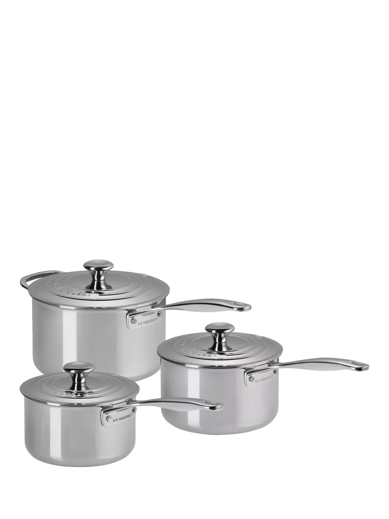 Le Creuset classic 3-ply stainless steel saucepan set with lids, 16cm, 18cm, 20cm, UK version