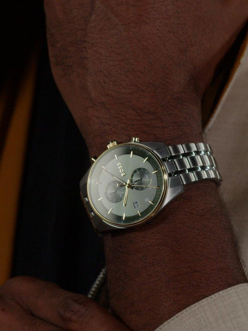BOSS men's quartz bracelet strap watch in silver and green - British product
