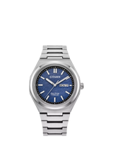John Lewis Citizen Zenshin Super Titanium Date Eco-Drive Men's Bracelet Watch, Silver/Blue- Buy online at McGrocer