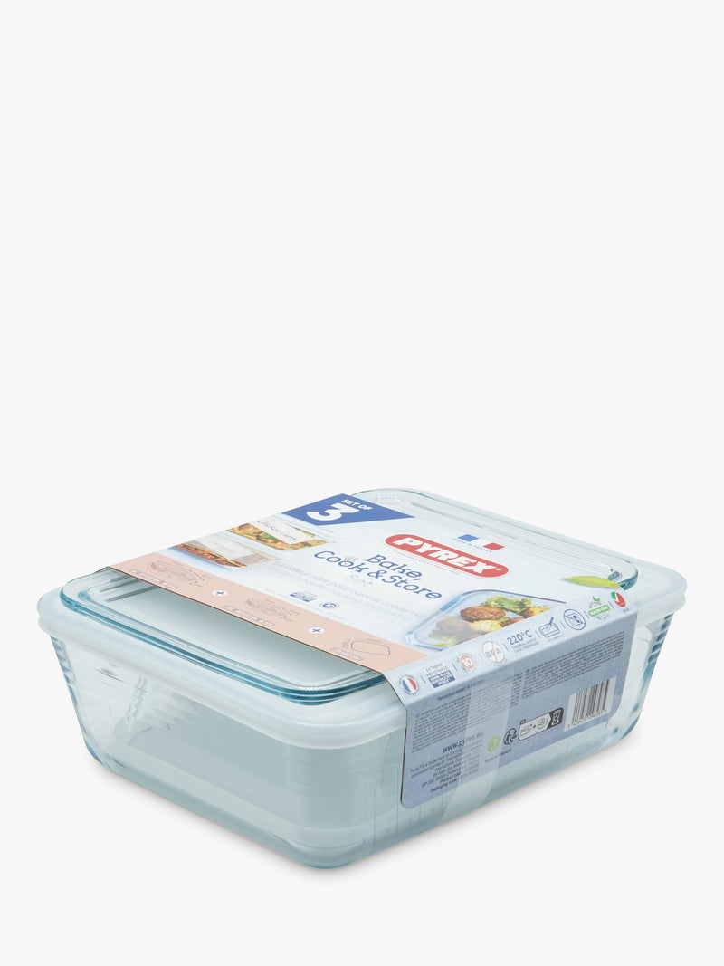 Pyrex 3-piece borosilicate glass dish set with lids, imported from the UK