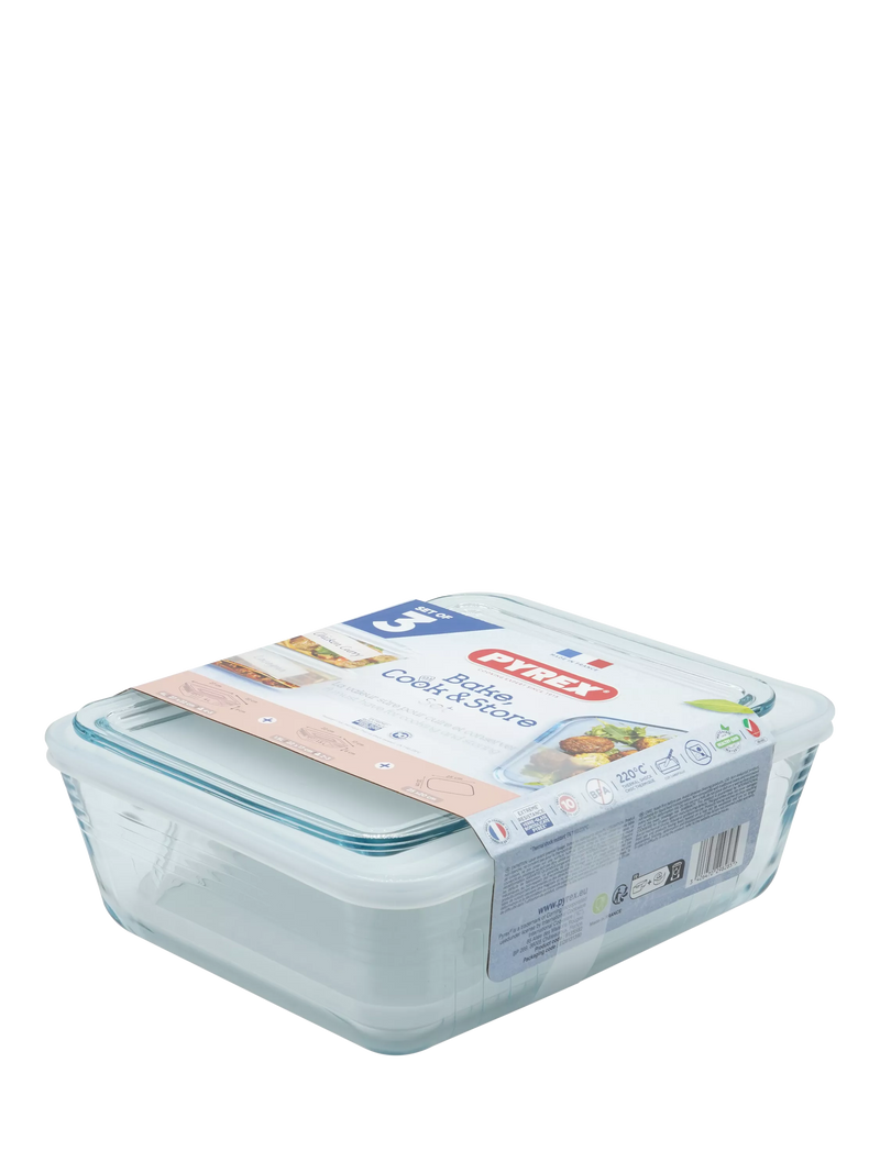 Pyrex 3-piece borosilicate glass dish set with lids, imported from the UK