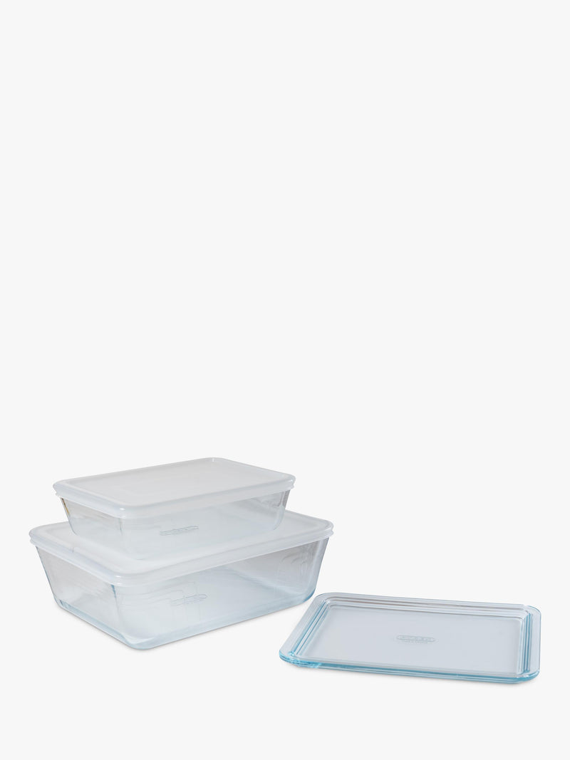 Pyrex 3-piece borosilicate glass dish set with lids, imported from the UK