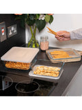 Pyrex 3-piece borosilicate glass dish set with lids, imported from the UK