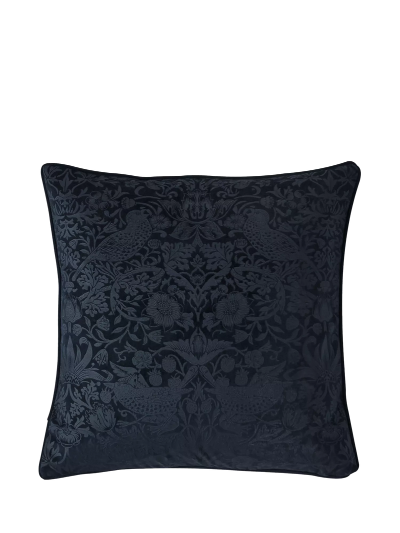 William Morris At Home Strawberry Thief Embossed Velvet Cushion, Blue