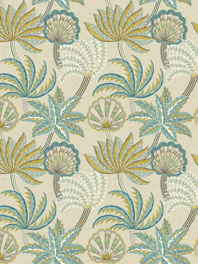 Osborne & Little Ravenala wallpaper with playful plant and shell design, imported from the UK