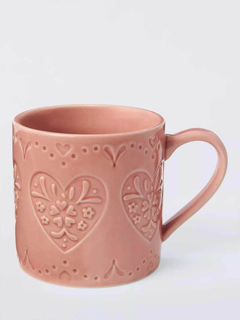 Embossed Heart Stoneware Mug 320Ml - Mid Pink