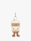 Jellycat coffee-to-go bag charm with biscotti fur and frothy cream lid, UK version