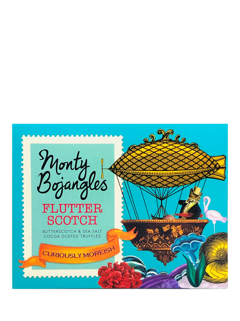 Monty Bojangles Flutter Scotch cocoa dusted truffles with butterscotch chips 150g box, imported from the UK