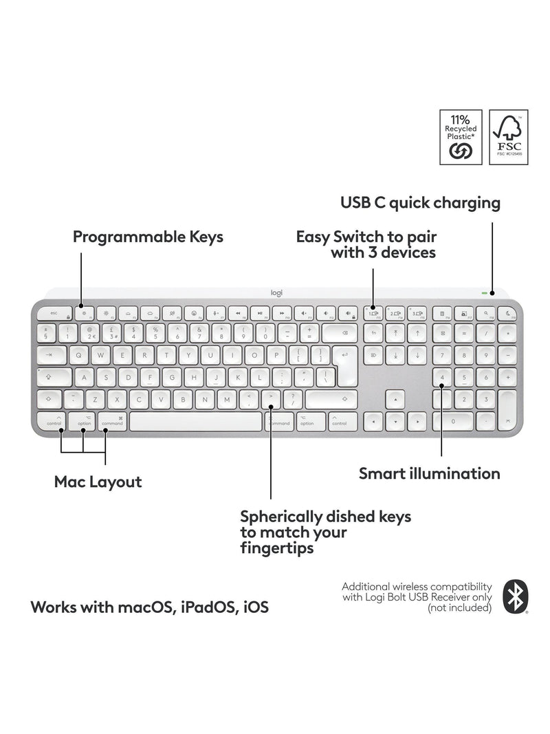 Logitech wireless keyboard MX Keys S for Mac Pale Grey (British brand)