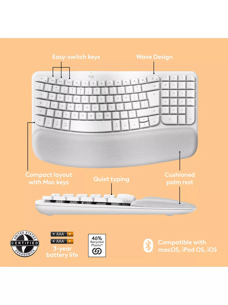 Logitech wireless ergonomic keyboard for Mac pale grey, imported from the UK