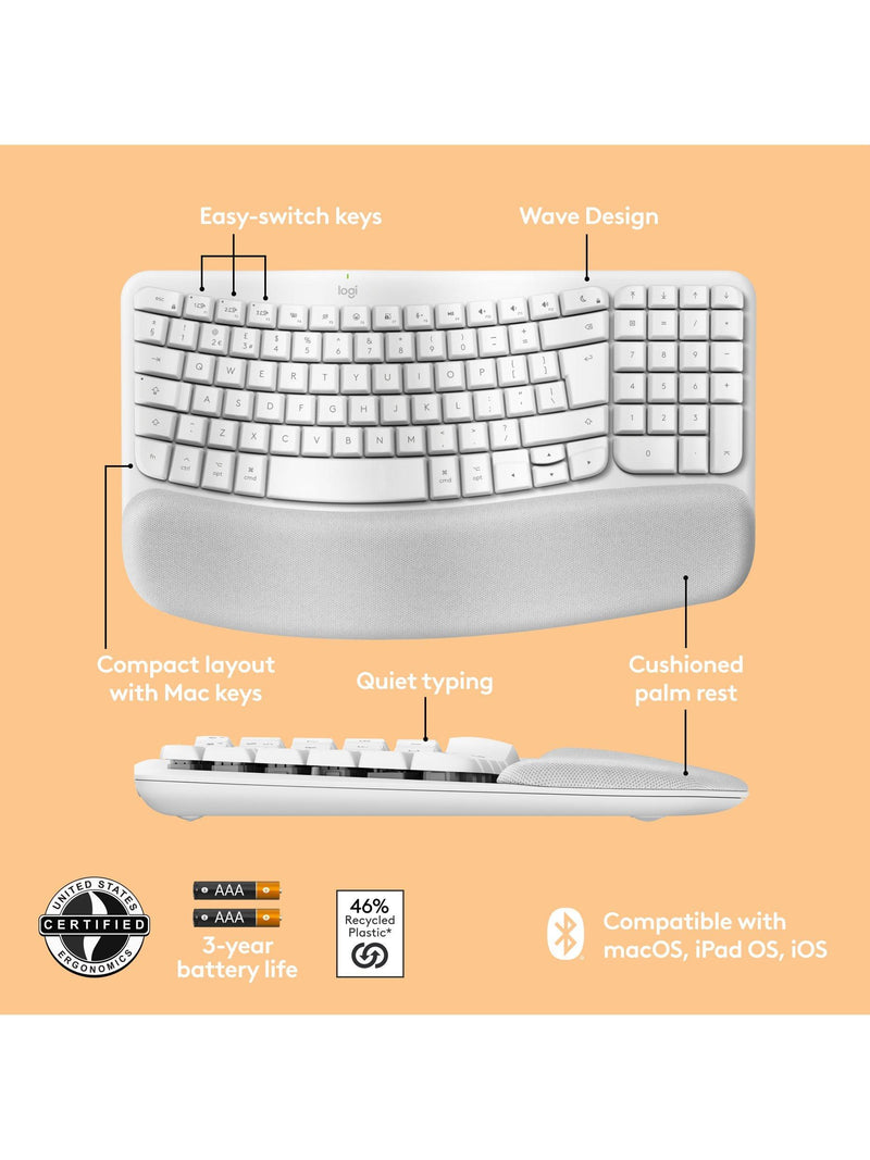 Logitech wireless ergonomic keyboard for Mac pale grey, imported from the UK