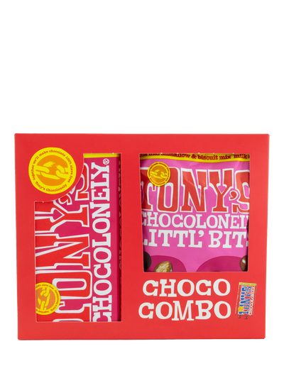 John Lewis Tony's Chocolonely Choco Combo Gift Pack Littl' Bits Milk Chocolate Caramel Biscuit Bar and Marshmallow Biscuit Mix 280g- Buy online at McGrocer