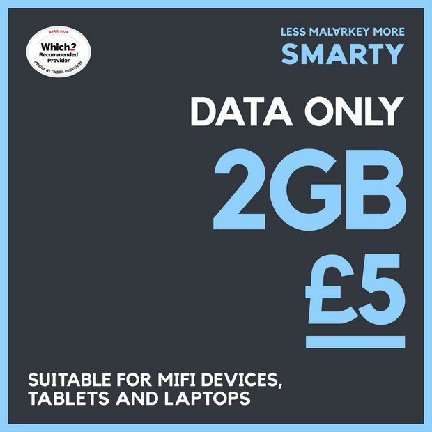 SMARTY 2GB data SIM card 30 day plan (British brand)