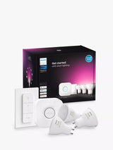 John Lewis Philips Hue White and Colour Ambiance Wireless Lighting LED Starter Kit with 3 x GU10 Bulbs, Bluetooth, Dimmer Switch and Bridge- Buy online at McGrocer