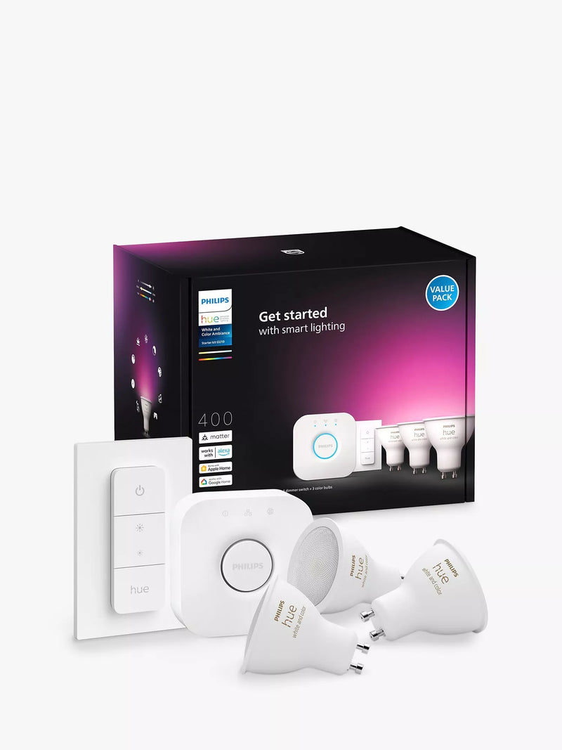 Philips Hue smart lighting starter kit with 3 GU10 bulbs, imported from the UK