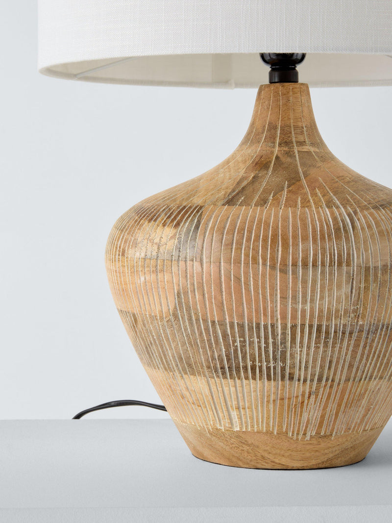 John Lewis Manaia hand-etched mango wood table lamp white wash, imported from the UK