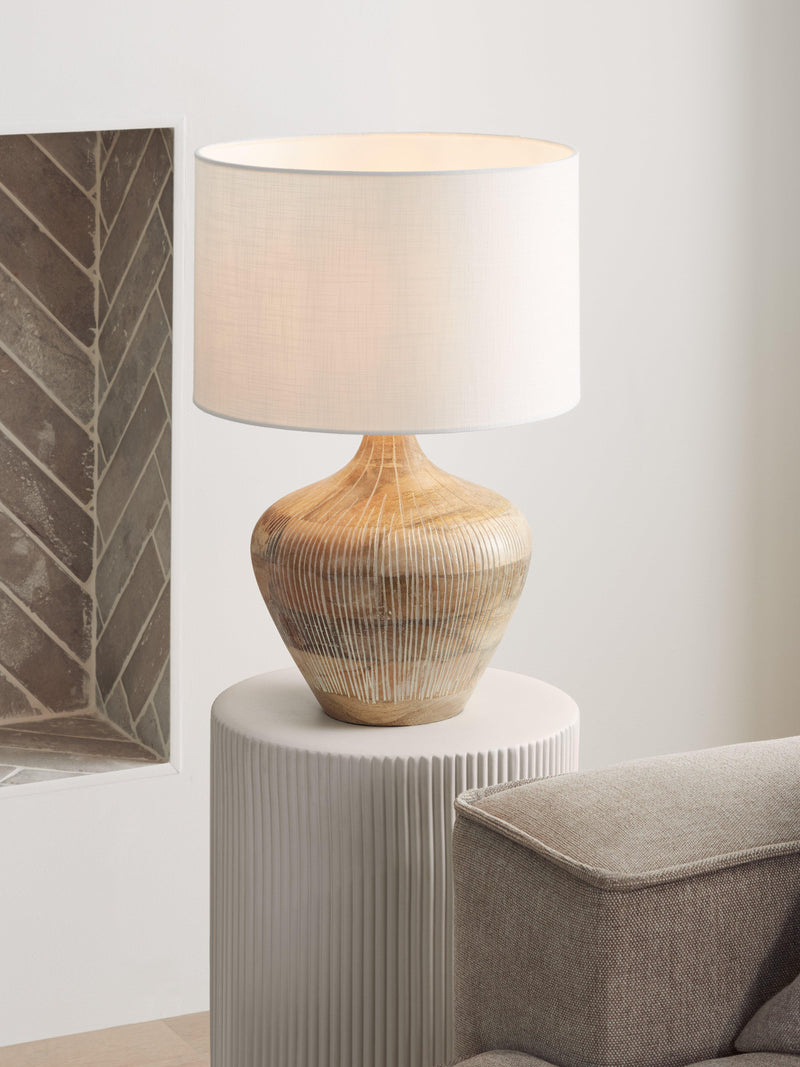 John Lewis Manaia hand-etched mango wood table lamp white wash, imported from the UK