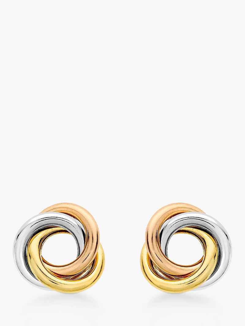 IBB trinity knot stud earrings 18ct white yellow rose gold, UK version
